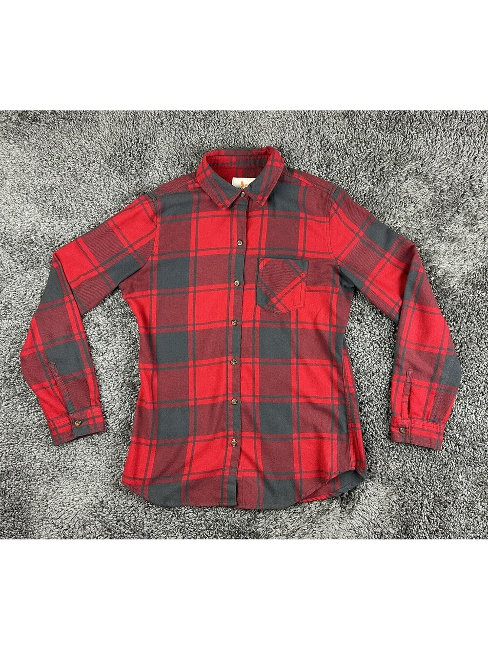 Field & Stream Womens SM Plaid Flannel Shirt Red Black Cotton Blend Button Up